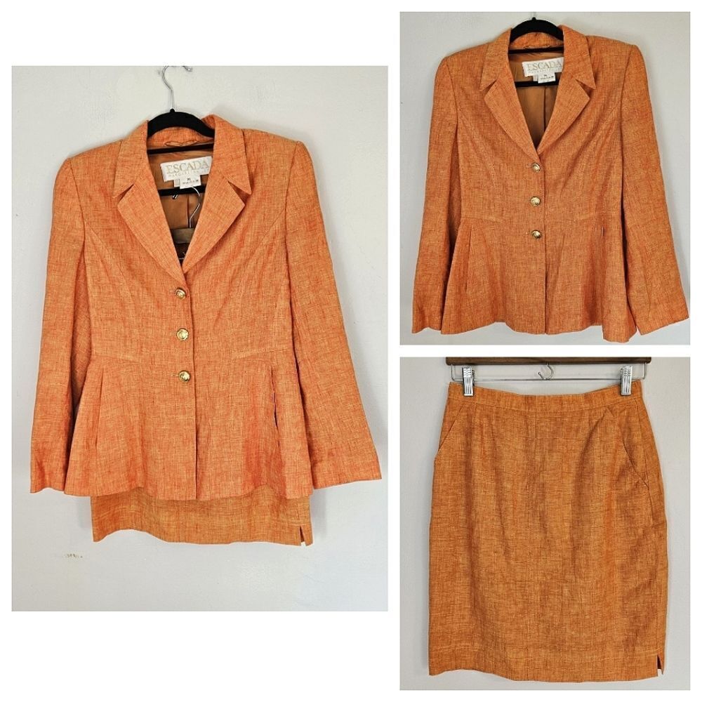 ESCADA Margaretha Ley Vintage Orange Linen Silk Skirt Suit Blazer 2 Piece Set 36